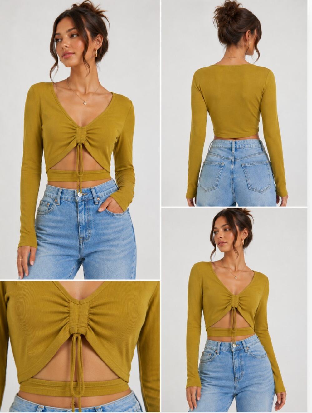 Olive Mustard Ribbed Knit Cutout Crop Top Ruched Front Small Concert Festival